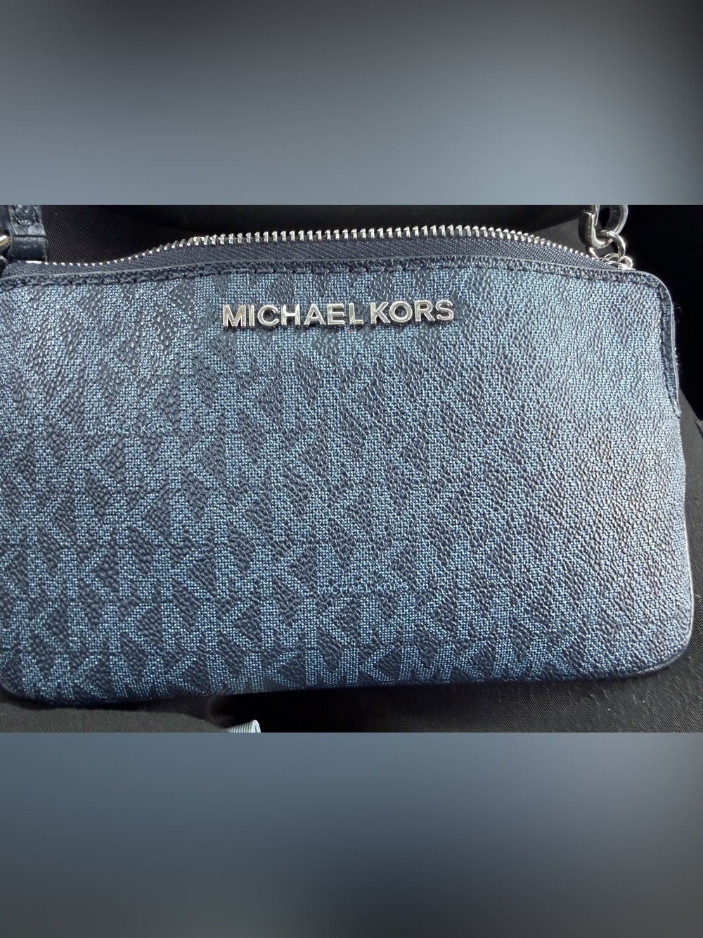 Michael Kors Navy Signature MK wristlet  Bag with Silver Hardware